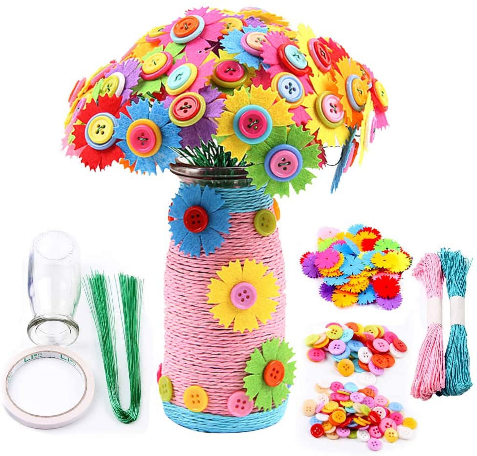 Amerteer Flower Craft Kits for Kids DIY Vase Craft Project with Buttons and Felt Flowers - Make Your Own Flower Bouquet - Fun Gift for Boys, Girls Age